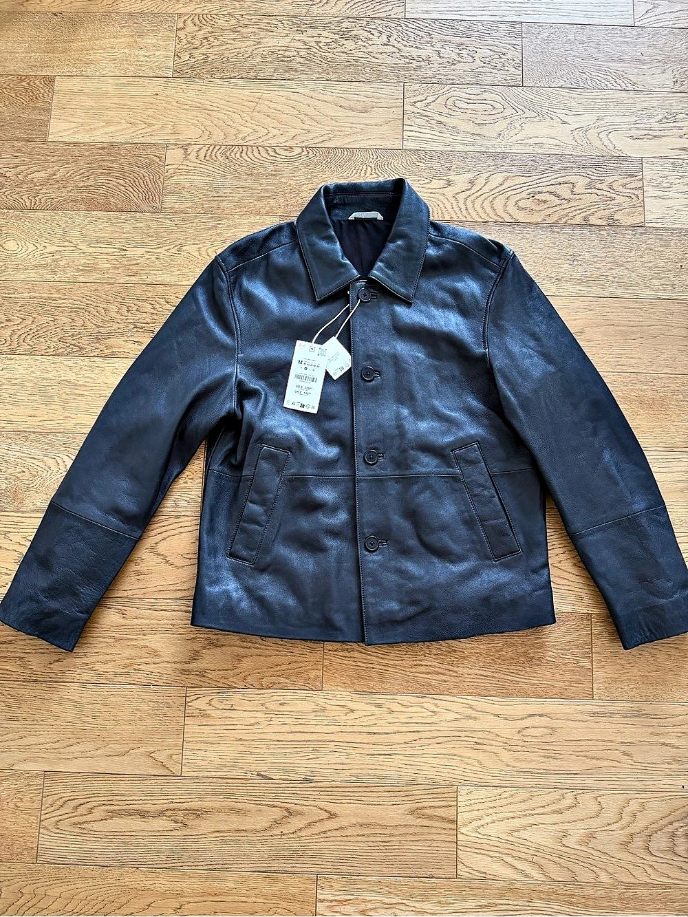 Zara Leather Trucker Jacket Coat Navy Fall Style Minimal Layering